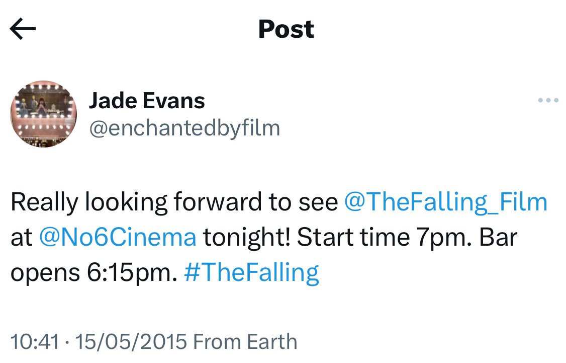 9 years ago today I watched a @_CarolMorley film for the first time - The Falling at @No6Cinema. I did a Twitter dive to find the tweets I sent before I’d even seen the film. Little did I know how much I would love this film and how it would spark a love for Carol’s filmmaking 🖤
