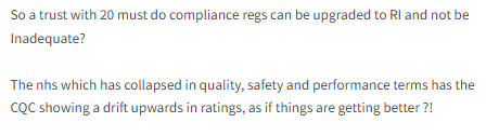 CQC upgrades @sathNHS from 'inadequate' - and rates maternity 'good'... We understand no acute trust now rated 'inadequate' overall. Interesting point made by @HSJnews commenter, SaTH still has 22 x legal requirements to comply with health & safety regs... hsj.co.uk/shrewsbury-and…