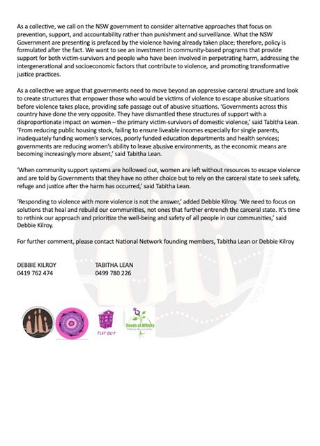 National Network, Sisters Inside, Seeds of Affinity & Flat Out state: Carceral responses to DFV reproduce many of the same coercive dynamics inherent in abusive relationships. We need more options for safety & accountability if govts are serious about keeping everyone safe