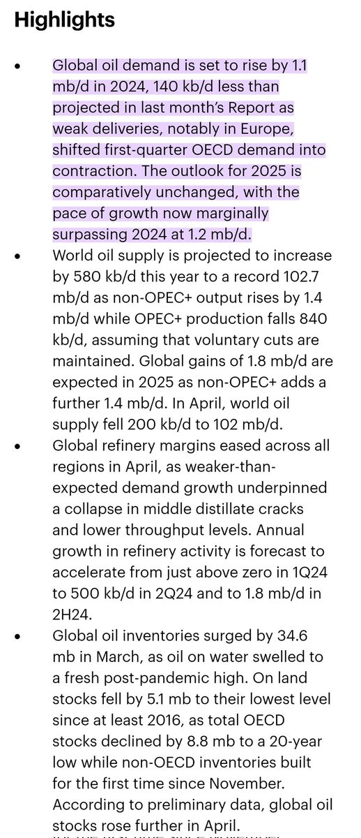 IEA: 
Global oil inventories surged by 34.6 mb in March, as oil on water swelled

On land stocks fell by 5.1 mb to their lowest level since at least 2016, as total OECD stocks declined by 8.8 mb to a 20-year

According to preliminary data, global oil stocks rose further in April