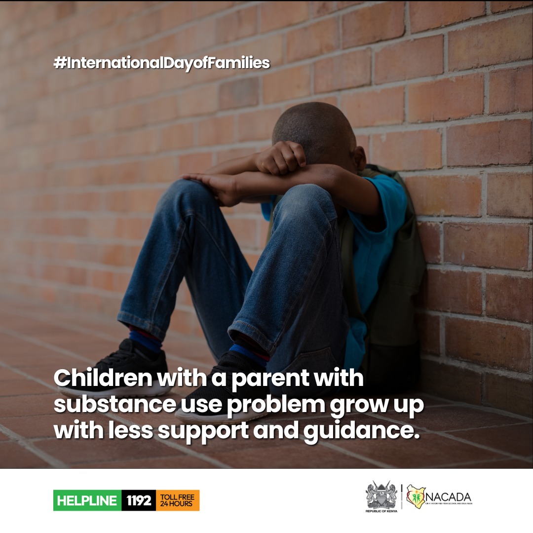 Children  with a parent with substance use problem grow up with less support and  guidance. Such children are traumatized and this may affect them later  in life or have difficulties in their relationships #SayNoToDrugs #InternationalDayofFamilies