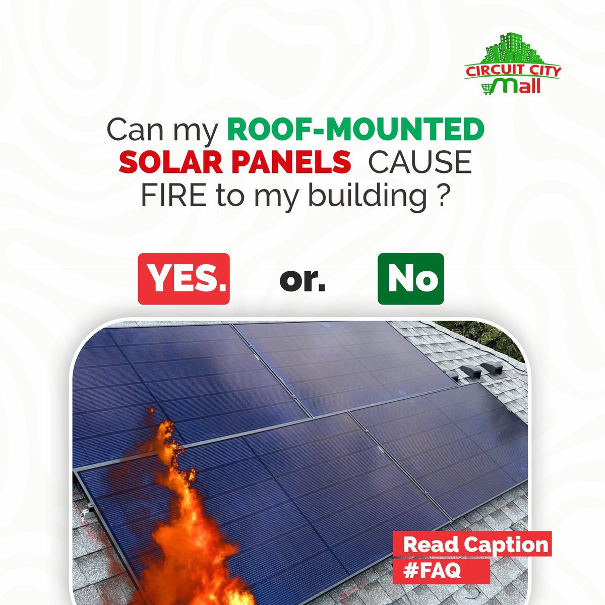 Can my ROOF-MOUNTED SOLAR PANELS CAUSE A FIRE? 🔥
Recently,  shopping plaza in Abuja caught fire from flames from its rooftop solarpanel.
 
This incident has  sparked concerns about solar panel safety, but what's the real story? 🏢

#CircuitCitySolarSafety #GreenEnergyRevolution