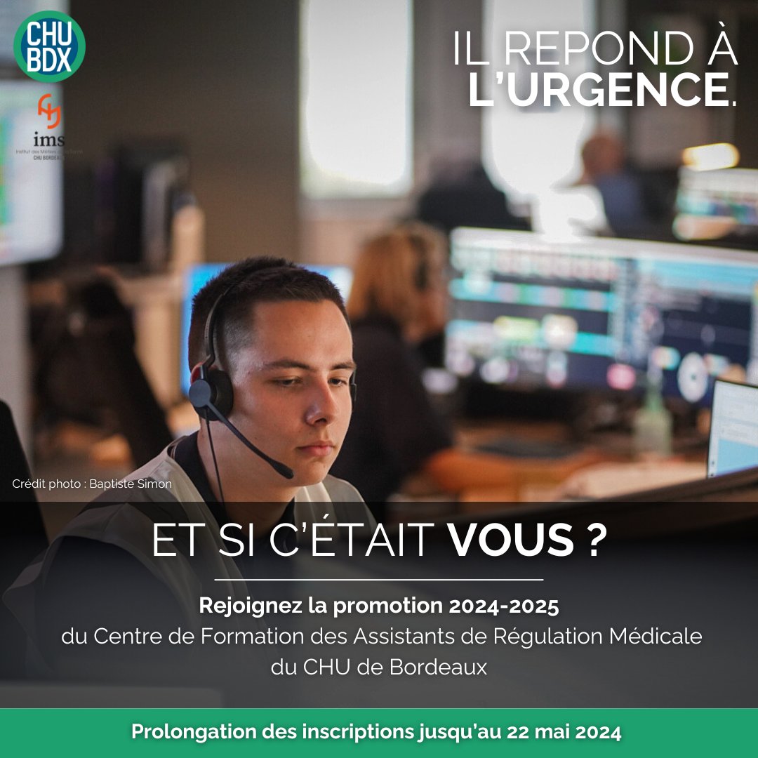 [#FORMATION] Ils répondent à l'#urgence. Et si c'était vous? Le Centre de Formation d’Assistant de Régulation Médicale du @CHUBordeaux prolonge ses inscriptions pour rejoindre la promotion 2024-2025🎓 ⚠️Candidatures ouvertes jusqu'au 22 mai 2024 Infos👉 chu-bordeaux.fr/Etudiants-form…