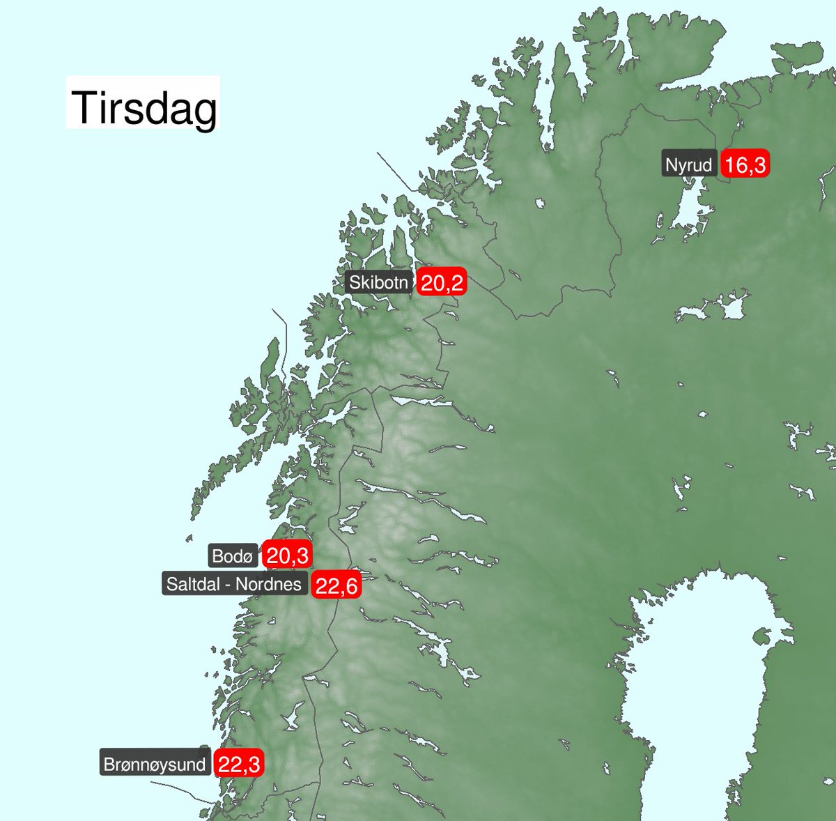 Nå har alle fylker bortsett fra Finnmark fått sin første sommerdag ☀️ Det vil si at temperaturen når 20 grader eller mer.
 
Skibotn skaffet Troms sin første sommerdag i går mens Nordland fikk sin andre 🌡️

Under ser du høyeste temperatur utvalgte steder👇