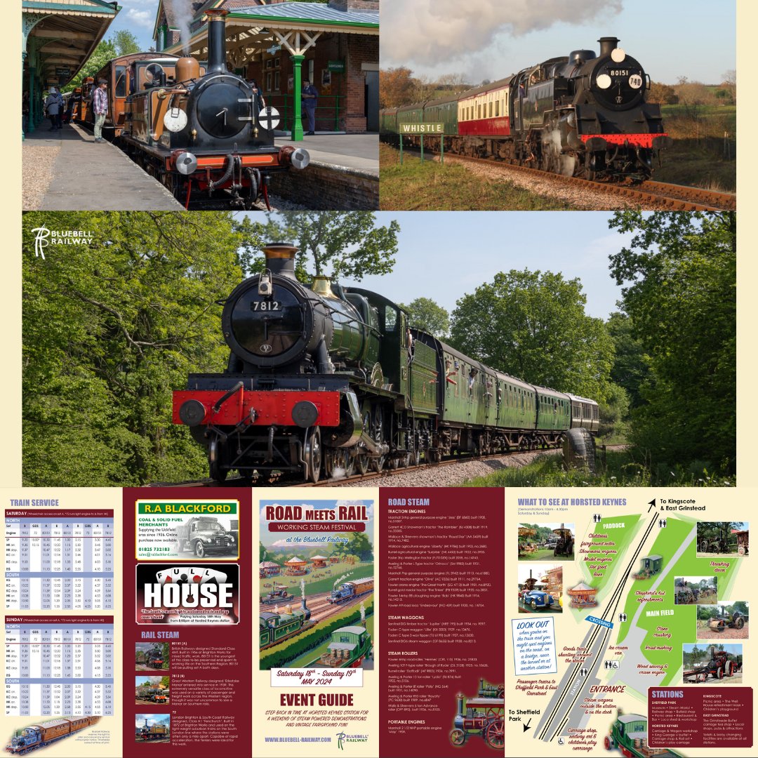 No. 72 'Fenchurch', 80151 & visitor 7812 'Erlestoke Manor' working trains throughout the weekend (all subject to availability.)

Our 2024 visitor guide to Road Meets Rail is now available to view and download online for the event. Visit bluebell-railway.com/road-meets-rai… to find out more!