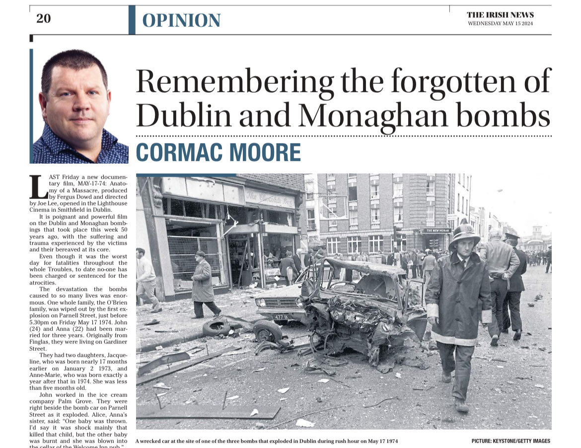My article in today’s ⁦⁦@irish_news⁩ on the lives lost from the Dublin and Monaghan bombings 50 years ago this week, mainly forgotten in that time. irishnews.com/opinion/rememb…