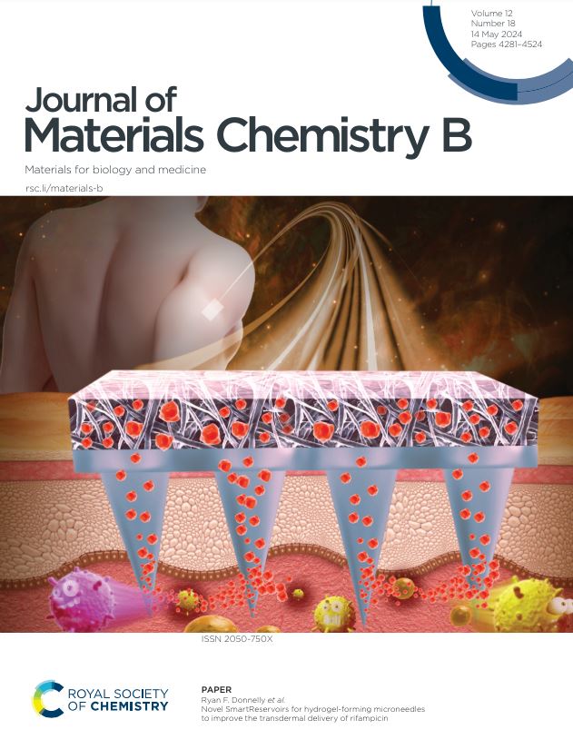 Featured on the front cover of @JMaterChem B issue 18, read this article on 'Novel SmartReservoirs for hydrogel-forming microneedles to improve the transdermal delivery of rifampicin' by Ryan F Donnelly et al. pubs.rsc.org/en/content/art…