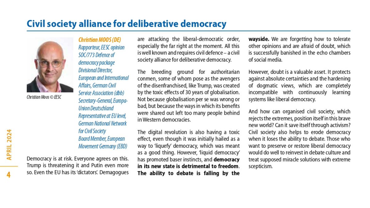 #Democracy is at risk. We urgently need civil society forums to lead the way/develop a voluntary code of conduct to strengthen deliberative democracy! If the centre collapses, the fringes will inevitably take over Read @ChristianMoos in our bulletin, p4👉 europa.eu/!wKWyd8