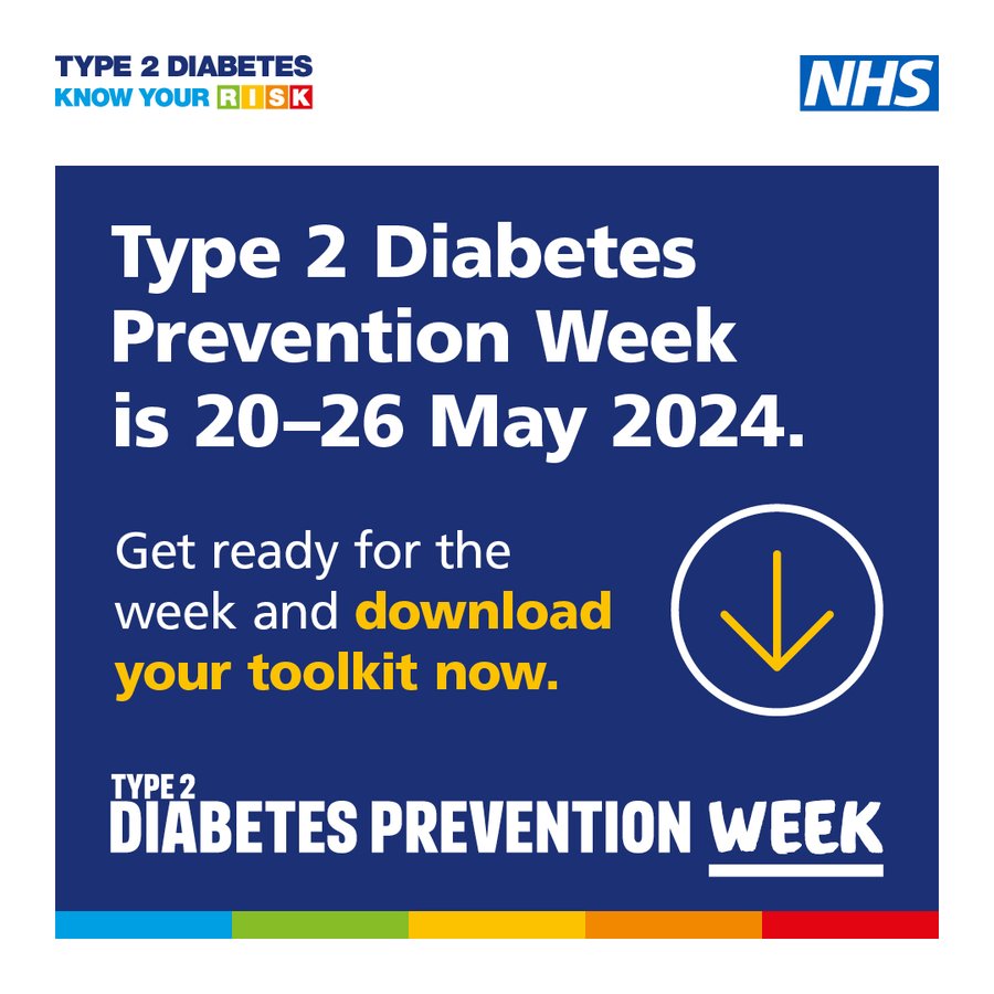 📆 Next week is #Type2DiabetesPreventionWeek. Download your toolkit now and help prevent type 2 diabetes this May. bit.ly/T2DPW24toolkit @DiabetesUK @SCCPublicHealth @ESNEFT @SuffolkGPFed @Suffolk_PC @NHSDiabetesProg