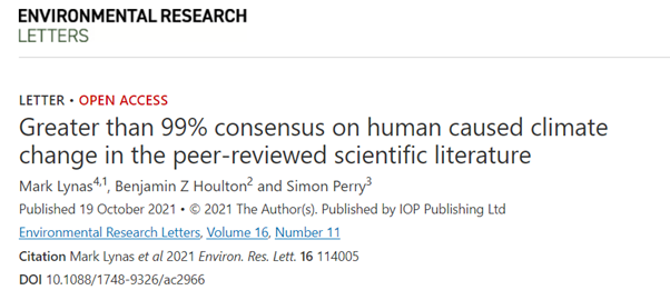 I still sometimes hear the statistic that 97% of scientists agree on the causes of curent climate change - but that research was published in 2013! A more recent analysis showed the consensus within the peer-reviewed literature to be over 99%, and perhaps as high as 99.9%