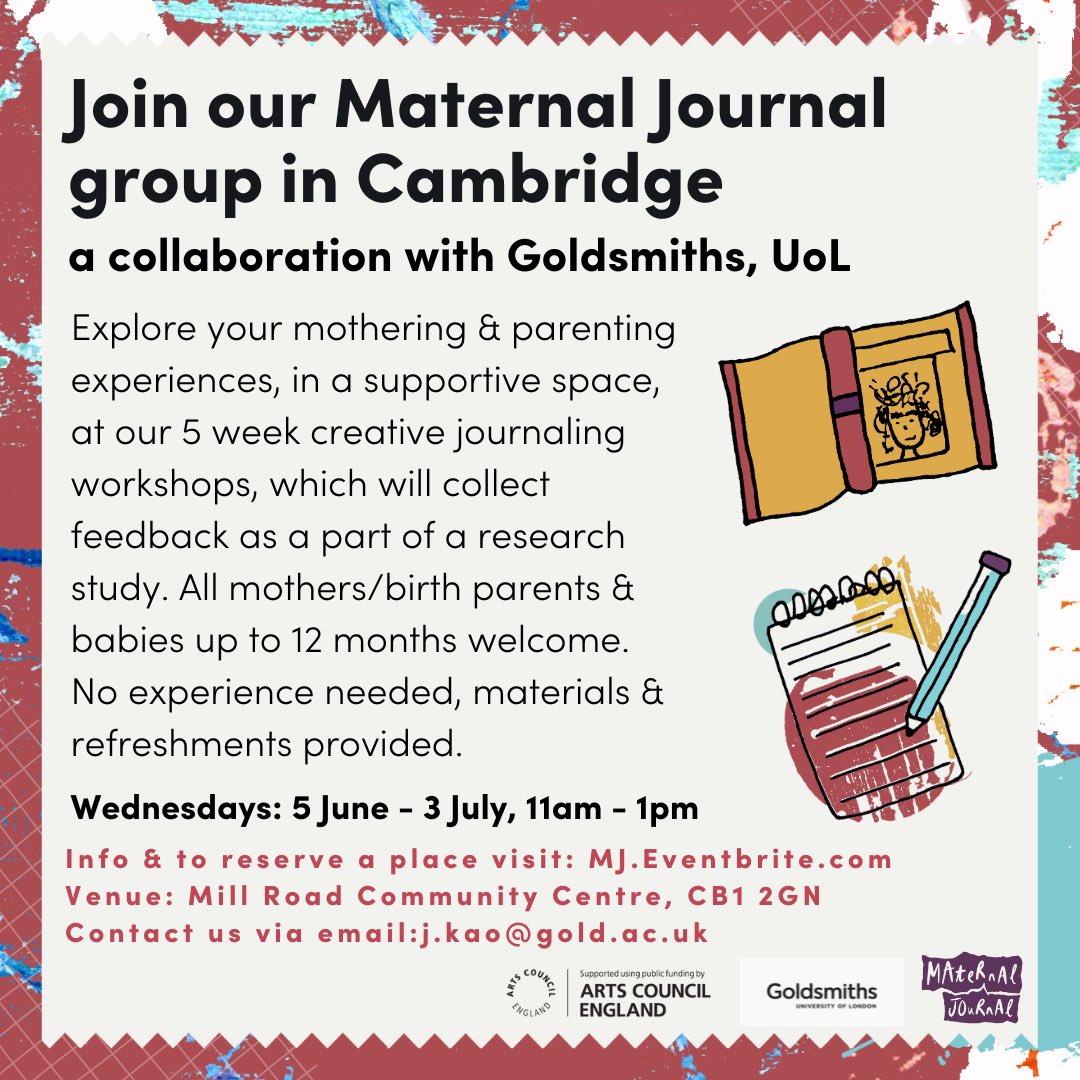 Maternal Journal (@maternaljrnl) on Twitter photo Join our new MJ research group in Cambridge
Starting 5th June for five weeks - creative journaling thru pregnancy & mothering - babies up to 1yr.
No experience needed!
Book via: MJ.Eventbrite.com
Pls share 🙏
<a href="/artshealthhub/">Arts & Health Hub</a> <a href="/CambJunction/">Cambridge Junction</a> <a href="/hmpartnership/">The Hearts & Minds Partnership</a> <a href="/holliepoetry/">Hollie McNish</a> Join our new MJ research group in Cambridge
Starting 5th June for five weeks - creative journaling thru pregnancy & mothering - babies up to 1yr.
No experience needed!
Book via: MJ.Eventbrite.com
Pls share 🙏
<a href="/artshealthhub/">Arts & Health Hub</a> <a href="/CambJunction/">Cambridge Junction</a> <a href="/hmpartnership/">The Hearts & Minds Partnership</a> <a href="/holliepoetry/">Hollie McNish</a>