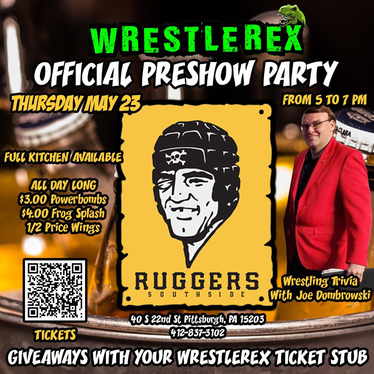 Attention @SouthSidePgh Meet us at Ruggers Pub from 5PM-7PM Next Thursday (5-23) for the @wrestlerex412 Pre-Show Party & Trivia Hosted by @joe_dombrowski