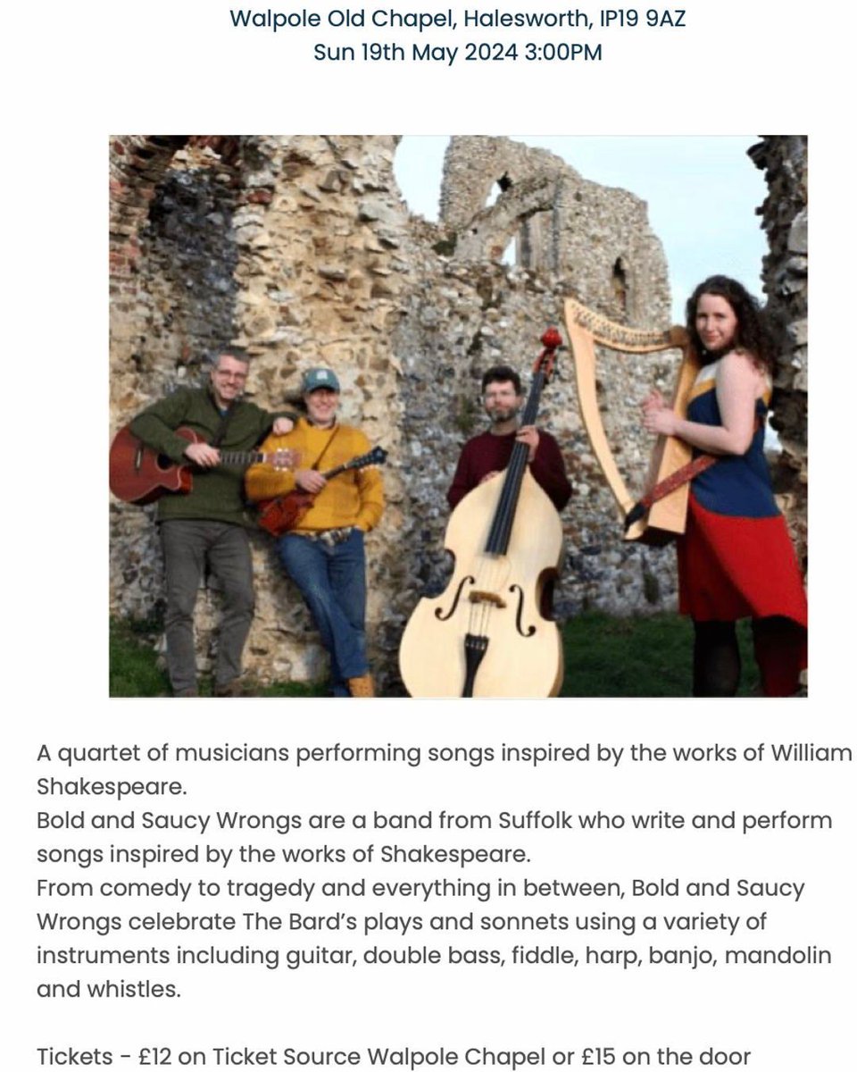 Sunday 19 May at 3pm. Bold and Saucy Wrongs are a band from Suffolk who write and perform songs inspired by the works of Shakespeare. Tickets buff.ly/4bcRSVg