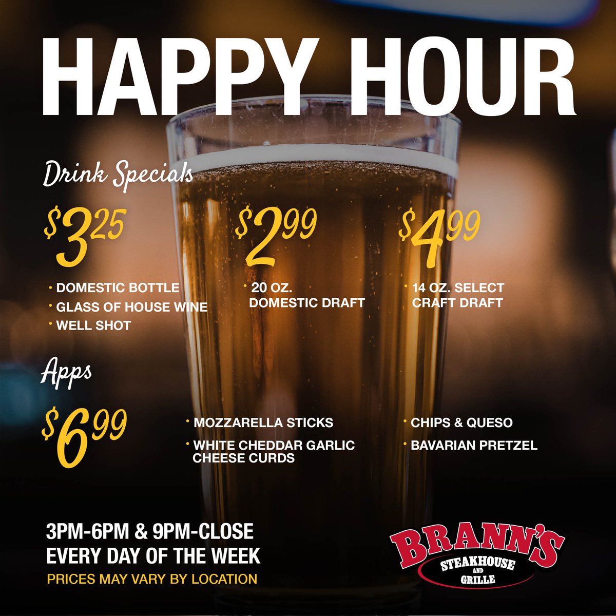 Listen closely, can you hear it? 🥂 The sound of conversations and clinking glasses... It's Happy Hour at Brann's! Stop by today for your favorite pours from Founders Brewing Co., Bell's Brewery, and more! #EatAtBranns #HappyHour #Drinks #Cheers #Friends