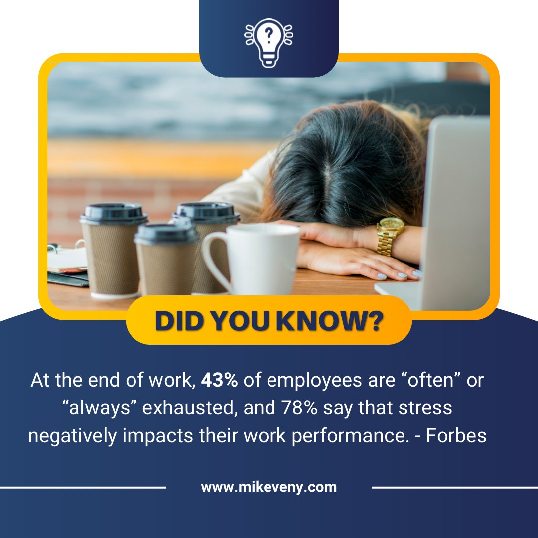 How to promote good mental health for your employees ⭐️ Provide flexible schedules, hybrid work environments, promote breaks, encourage physical activity and have open, confidential communication with leadership. For more visit learn.mikeveny.com