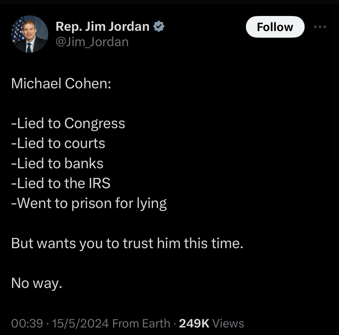 Michael Cohen: - Lied to Congress for Trump - Lied to Courts for Trump - Lied to banks for Trump - Lied to the IRS for Trump - Went to prison for lying for Trump #FixedIt Gym @jim_jordan