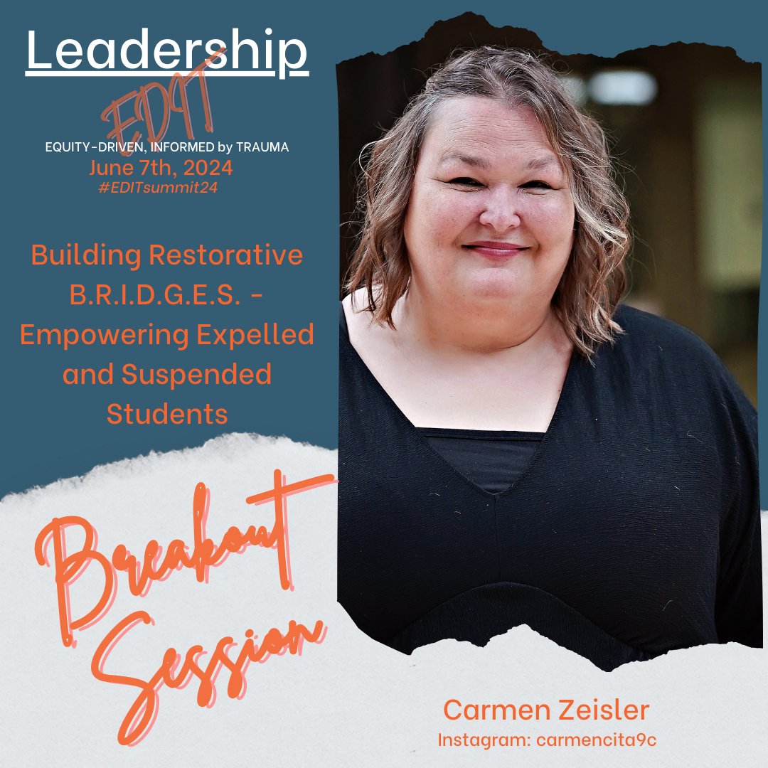 Carmen is a must listen as she shares how to support Ss & communities in a restorative manner when suspension or expulsion may occur 

Register here: bit.ly/leadershipedit…

#TraumaInformed #LeadershipMatters #BetterTogether #ProfessionalDevelopment #EDUcrew