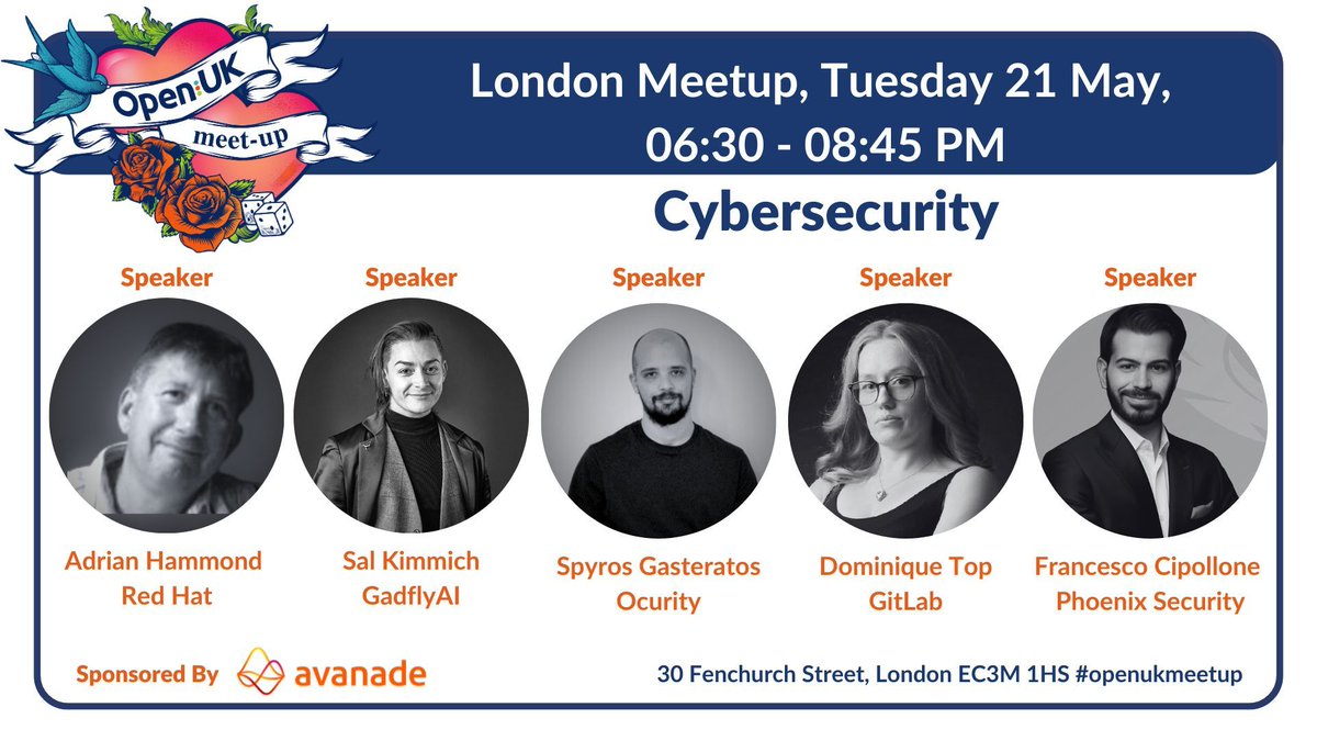 OpenUK (@openuk_uk) on Twitter photo Join the OpenUK London meetup on 21/5! We'll be talking #Cybersecurity with speakers: Adrian Hammond, <a href="/devopsdomi/">ππDevOpsDomi ππ @KubeConEU/π¬π§/πΊπ¦/#BLM</a>, @SalKimmich, @SpyrosGasterato, and <a href="/FCipollone/">fabio cipollone</a>. Facilitated by <a href="/JenniferRiggins/">Jennifer Riggins</a>.
Register: meetup.com/openuk/events/β¦
#openuk #openukmeetup #cybersecurity Join the OpenUK London meetup on 21/5! We'll be talking #Cybersecurity with speakers: Adrian Hammond, <a href="/devopsdomi/">ππDevOpsDomi ππ @KubeConEU/π¬π§/πΊπ¦/#BLM</a>, @SalKimmich, @SpyrosGasterato, and <a href="/FCipollone/">fabio cipollone</a>. Facilitated by <a href="/JenniferRiggins/">Jennifer Riggins</a>.
Register: meetup.com/openuk/events/β¦
#openuk #openukmeetup #cybersecurity