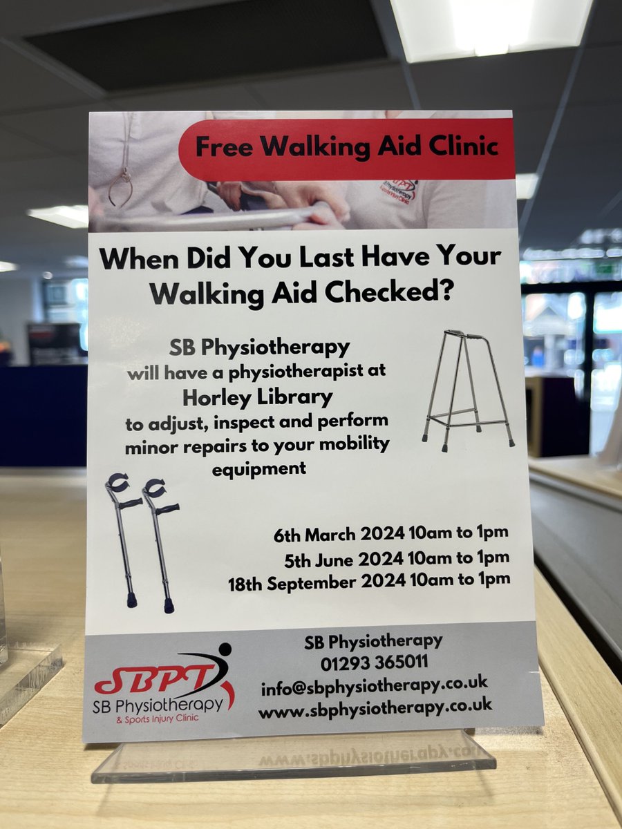 Here's a fine piece of community spirit... do you need your walking aid checked for FREE. Pop into @HorleyLibrary anytime between 10am to 1pm on Wednesday 5th June for FREE minor repairs. Please pass this onto anyone you think would benefit from this! Thank you. @SurreyLibraries