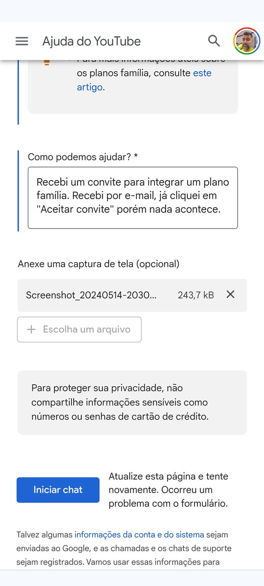 CarvalhosFelipe's tweet photo. @TeamYouTube Não consigo fazer contato com o suporte sugerido. Sempre pede para eu atualizar a página pois ocorreu um erro https://t.co/t1WIuZyB3O