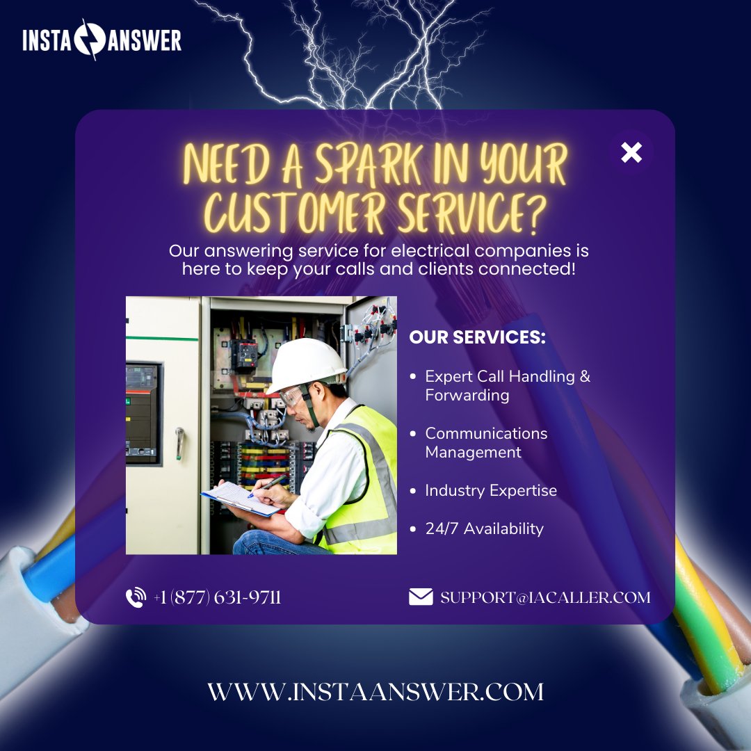 Shocking customer service? We've got it covered! Our answering service for electrical companies ensures every call lights up your business.

Dial (877) 631-9711 or email support@iacaller.com to keep the sparks flying!

#Electrician #InstaAnswer #CustomerService #Electrical #CSR