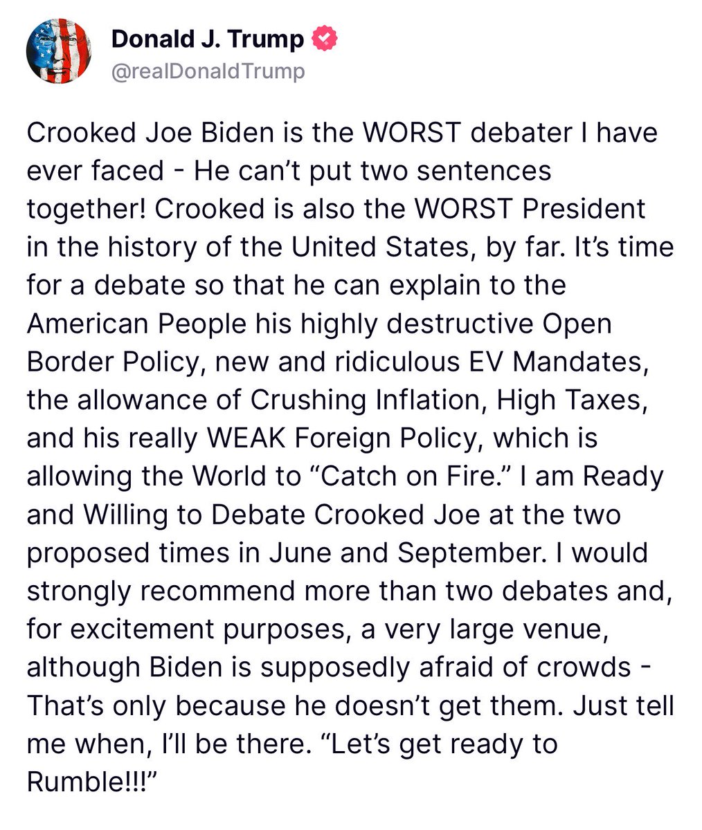 Trump and Biden will debate twice, in June and September. Devil in the specific details, but looks like debates will happen.
