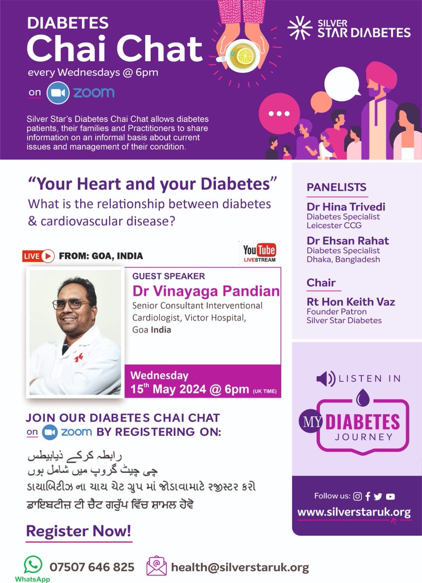Silver Star Diabetes (@ss_diabetes) on Twitter photo #Don’t forget to #Join the <a href="/ss_diabetes/">Silver Star Diabetes</a> #Chai #Chat #today 15/05/24 at 6pm on #Zoom & #YouTube - #live from #goa #india Dr Vinayaga Pandian #Senior #consultant
<a href="/HospitalVictor/">Victor Hospital</a> and learn about ‘Your #heart and your #diabetes’ #Don’t forget to #Join the <a href="/ss_diabetes/">Silver Star Diabetes</a> #Chai #Chat #today 15/05/24 at 6pm on #Zoom & #YouTube - #live from #goa #india Dr Vinayaga Pandian #Senior #consultant
<a href="/HospitalVictor/">Victor Hospital</a> and learn about ‘Your #heart and your #diabetes’