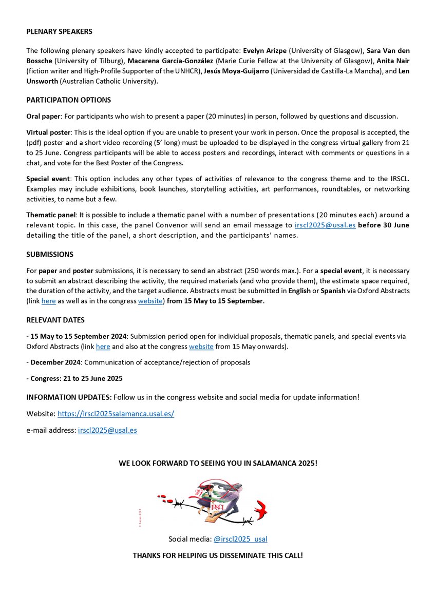 #CFP: The 27th Biennial IRSCL Congress - Borders, Migration and Liminality in Children’s Literature University of Salamanca (Spain) Date: 21-25 June 2025 Deadline for proposals: 31 September 2024 Website: irscl2025salamanca.usal.es Email: irscl2025@usal.es @irscl2025_usal