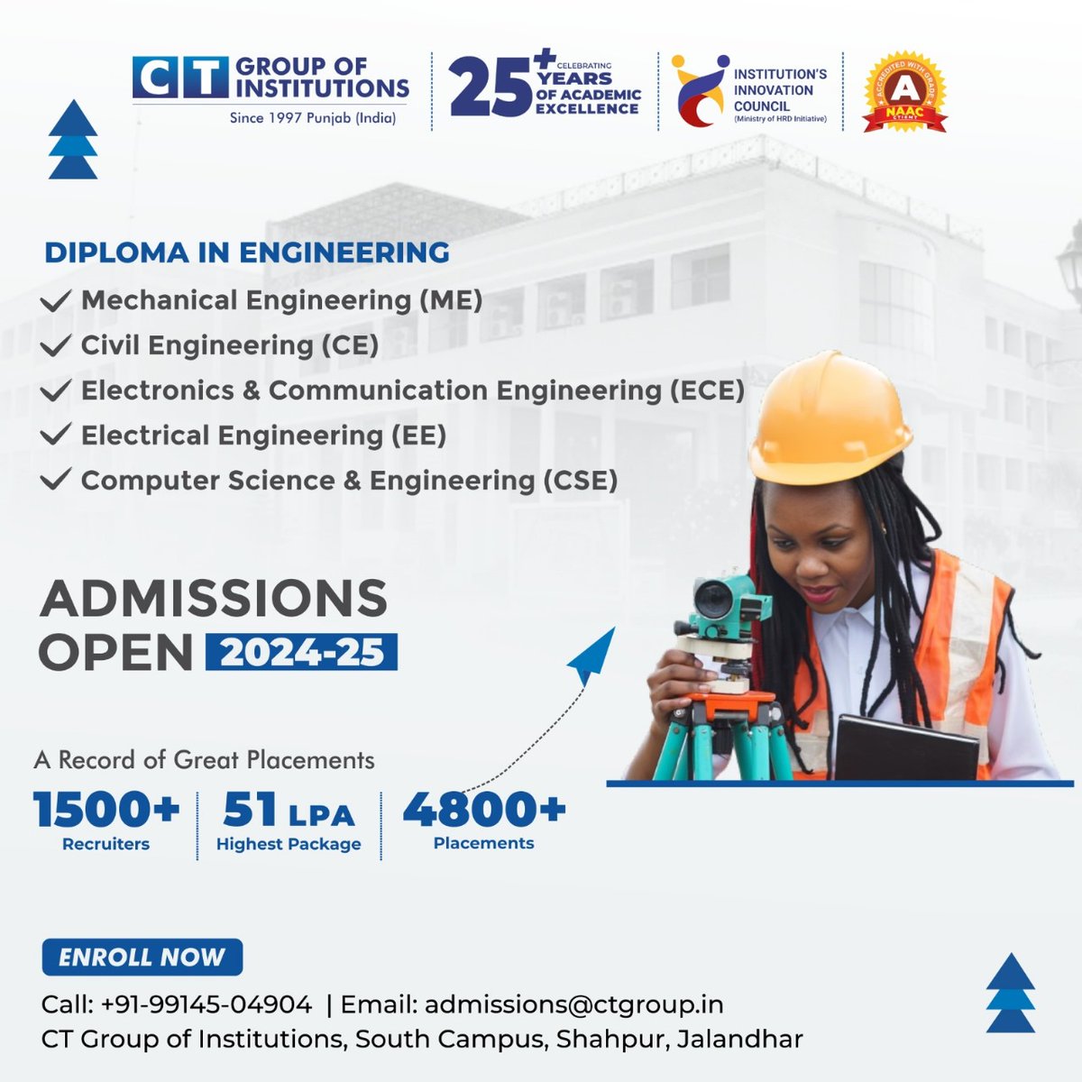 Join us at CT Group of Institutions for an exciting journey in Engineering! Admissions are open for the academic year 2024-25! Enroll now to secure your place in the next generation of engineers. For admissions inquiries, contact us at +91-99145-04904 .