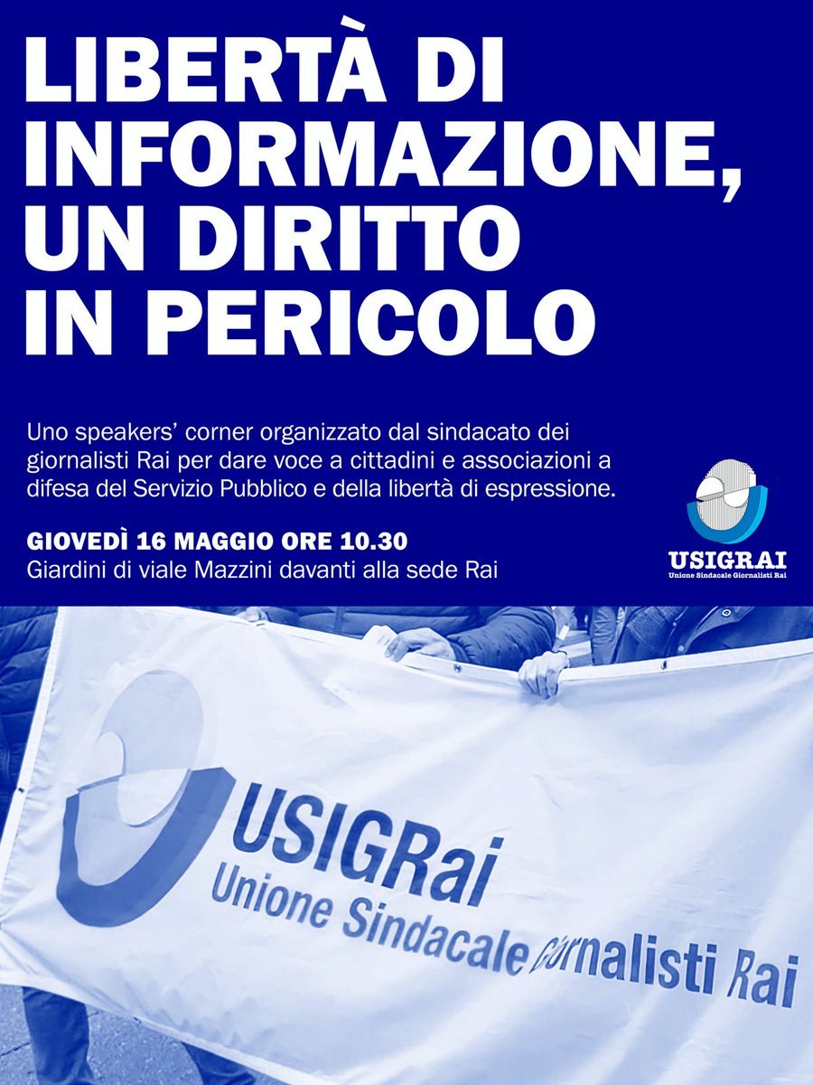 Domani, giovedì 16 maggio, dalle 10.30 sotto la Rai si alterneranno decine di voci sul tema della libertà di informazione in occasione della missione in Italia del @MediaFreedomEU usigrai.it/giovedi-16-mag…