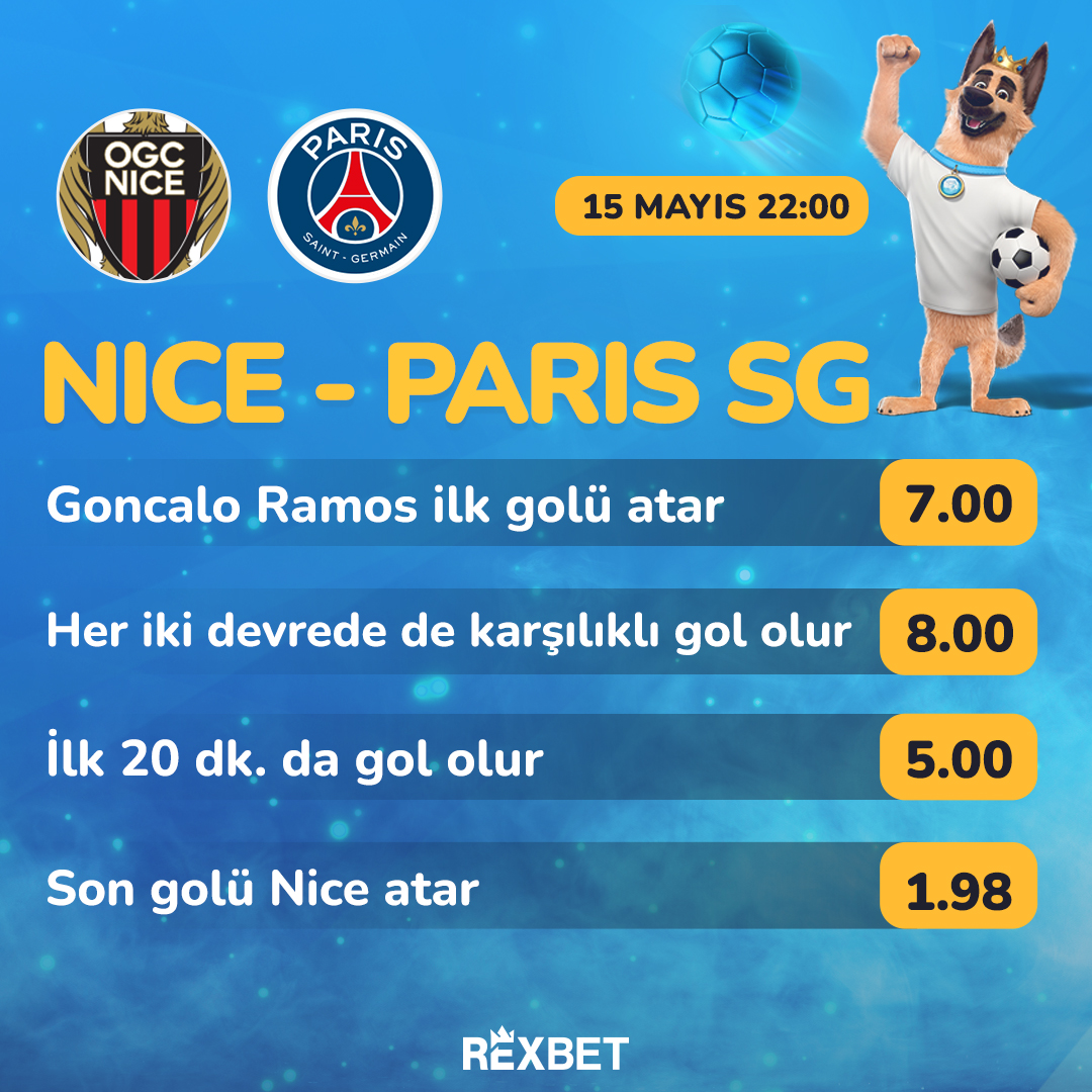 🔥 Fransa Ligue 1'de Nice bu akşam şampiyonluğu garantileyen PSG'yi konuk edecek! #Rexbet'e gel, maça geniş market seçenekleri ile bahislerini al! Rexbet Giriş: bit.ly/444ZExH