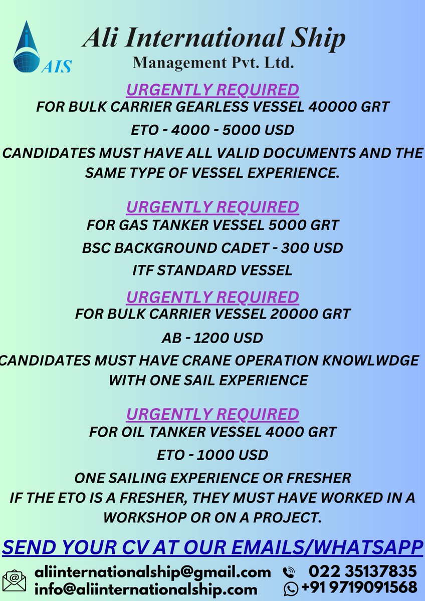 #shipping #aliinternationalship #Seafarers  #tankervessel #ab #hiringnow #ShippingWorldwide #Sailorslife #Marine #fresher #Crew #Ship #Sea  #Requirements #opencdcholder #marineopportunity #merchantnavy #marineofficer #marinejobs #indianseamen #indianmerchantnavy #deckcadet