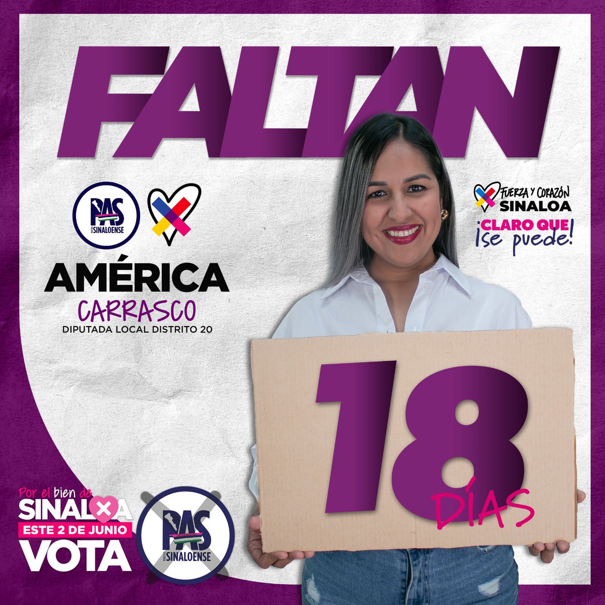 ¡Quedan 18 días! Por el bien de todas las familias sinaloenses el 2 de junio #VotaPAS así juntas y juntos #ClaroQueSePuede emprender el trabajo para construir el #Sinaloa que merecemos.💪🏻✨💜
