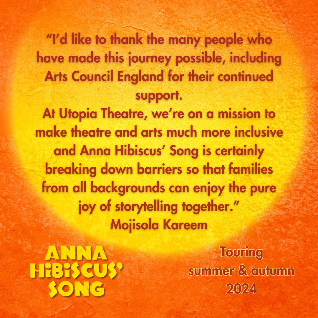 We can't wait to take our production ANNA HIBISCUS' SONG on tour all thanks to funding from @ace_thenorth National Lottery Project Grants programme 

Some dates on sale for Aug & Oct - more announced soon👀

🎫 Tickets:
linktr.ee/annahibiscusso…

#ACEsupported #Nationallottery