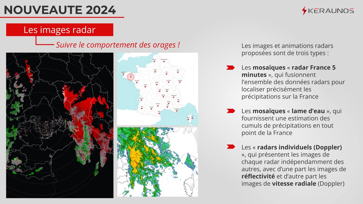 Keraunos met en ligne aujourd’hui une première version d'un module complet d’images radars, élaborées à partir des données brutes du réseau national de radars météorologiques ARAMIS (Météo France).
Mosaïques radar France 5 minutes, mosaïques lame d’eau et radars individuels