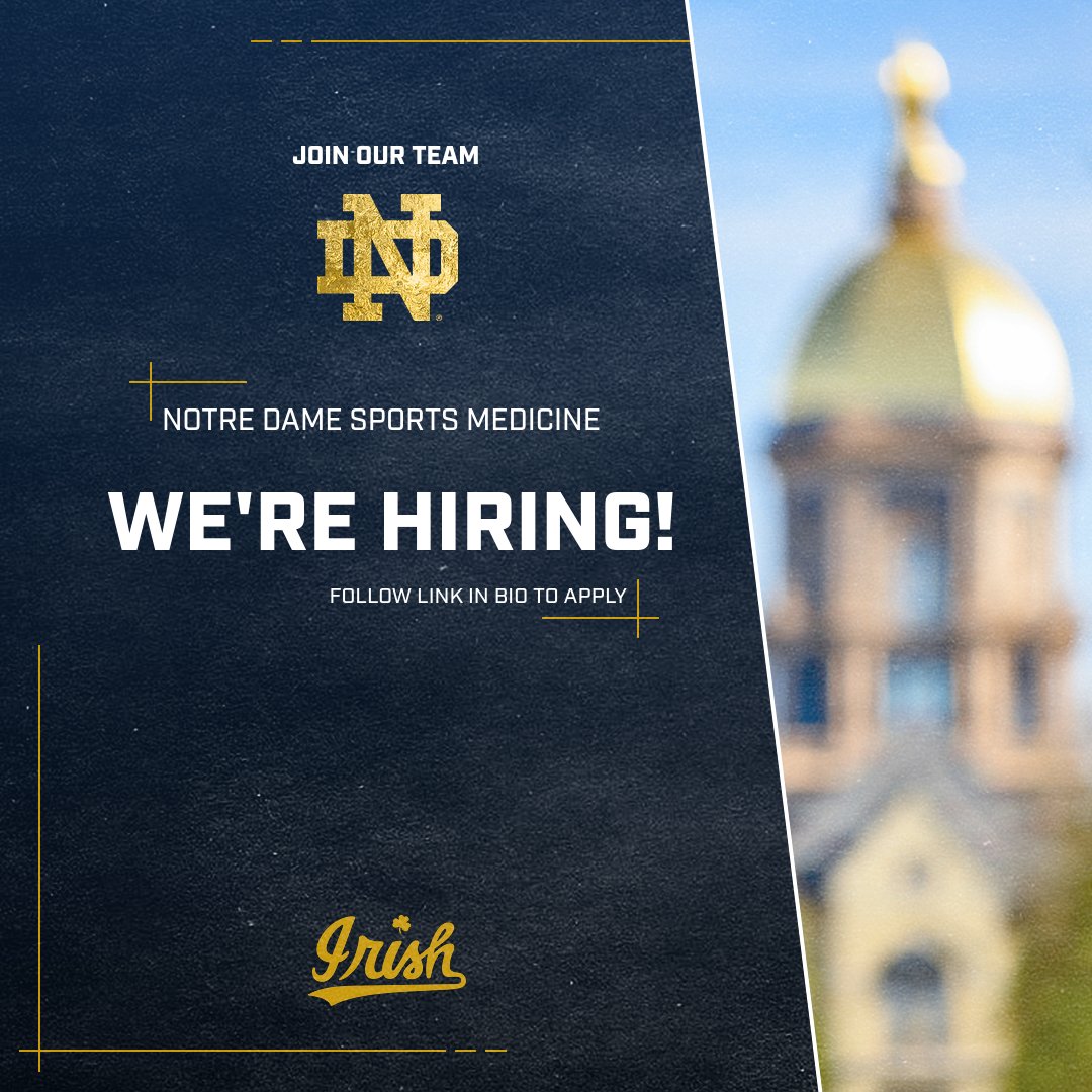 Looking to join an amazing Sports Medicine team? We are hiring an Asst Athletic Trainer to join our Irish sports medicine family and performance team! Follow the link below for job details and application! jobs.nd.edu/postings/34376 #GoIrish 🍀