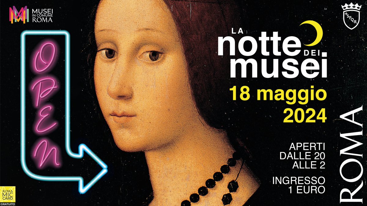 Sabato 18 maggio torna la Notte dei Musei, giunta alla sua XIV edizione. 🕐20 alle 2 (ultimo ingresso all'1) negli spazi dei @museiincomune di @Roma con un ricco programma di mostre e eventi imperdibili. 👉turismoroma.it/it/eventi/nott… #VisitRome #NdMRoma2024
