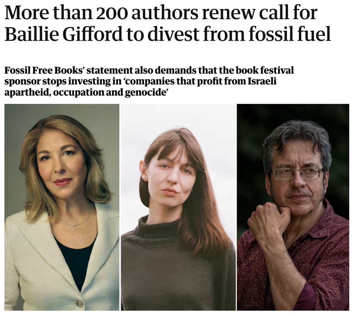 “Literary festivals rely on the labour of writers, editors and translators ... We have the right to demand that these gatherings divest from the forces causing death and destruction on an unfathomable scale.” - @NaomiAKlein