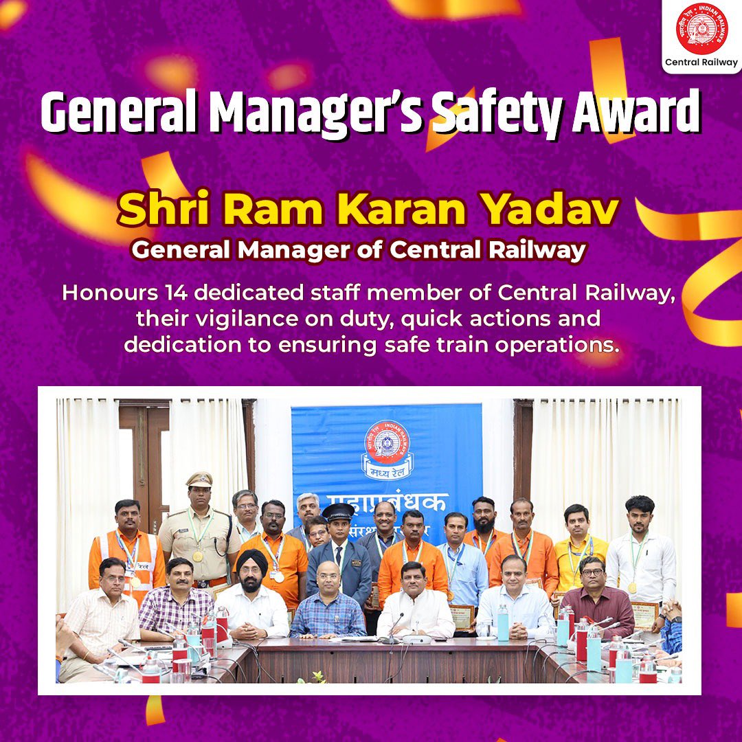 Shri Ram Karan Yadav, General Manager, Central Railway conferred 14 committed staff members of Central Railway with General Manager's Safety Award for their alertness and dedication in averting a potential mishap.
#CentralRailway #SafetyAward #StaffFelicitation