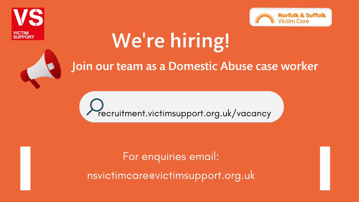 We're hiring! 
Would you like to join our team?
We're looking for a full time case manager for our Domestic Abuse team. Find out more: 

recruitment.victimsupport.org.uk/vacancy/case-m…

#jobvacancy #Norfolk #victimsupport