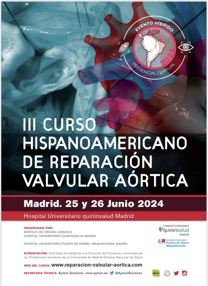 Más de 600 intervenciones & 200 cirugías cardiacas en 2023 es el resultado de una estrechísima relación profesional y humana entre las Unidades de Cardiología & Cirugía Cardiaca en @QS_Madrid. Os invitamos al curso 👇 que se celebrará en nuestro hospital reparacion-valvular-aortica.com/archivos/autho…