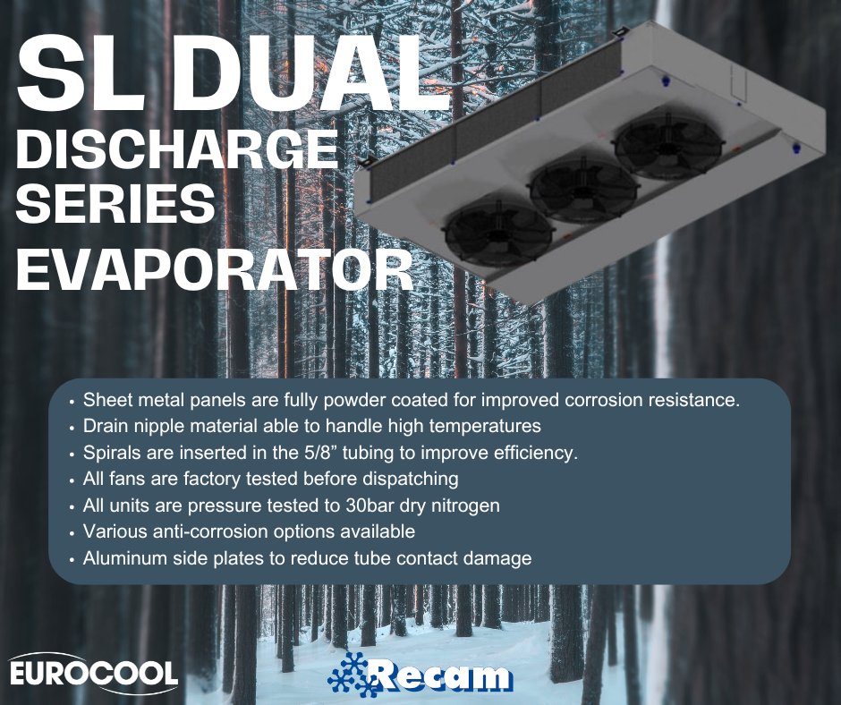 The Recam SL Dual Discharge series blower coils are perfect for big-capacity cold rooms and freezer rooms. Whether it’s a flower room, glass door cold room, food preparation area, mortuary cold room, de-greening cold room, or ripening cold room, these evaporators excel.