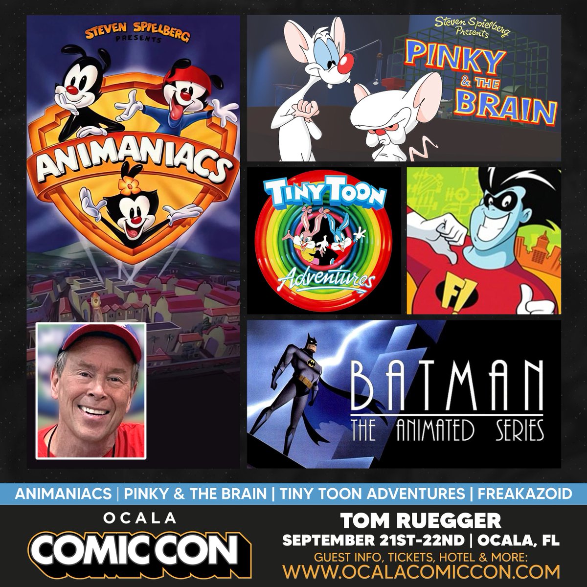 Tom Ruegger will be a guest at the September 21-22, 2024 Ocala Comic Con at the World Equestrian Center in Ocala, Florida!

Tom is the creator of #Animaniacs, #PinkyandtheBrain, #TinyToons, #Freakazoid, and and served as executive producer and writer on #Batman: TAS.