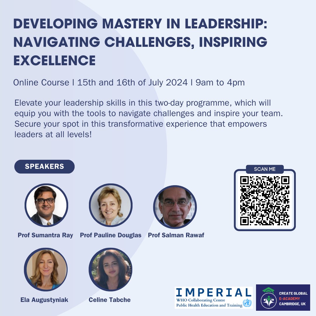 Elevate your leadership skills in this two-day programme in partnership with the WHO Collaborating Centre at Imperial. Secure your spot in this transformative experience that empowers leaders at all levels! Learn more and register at bit.ly/3UWqepM
