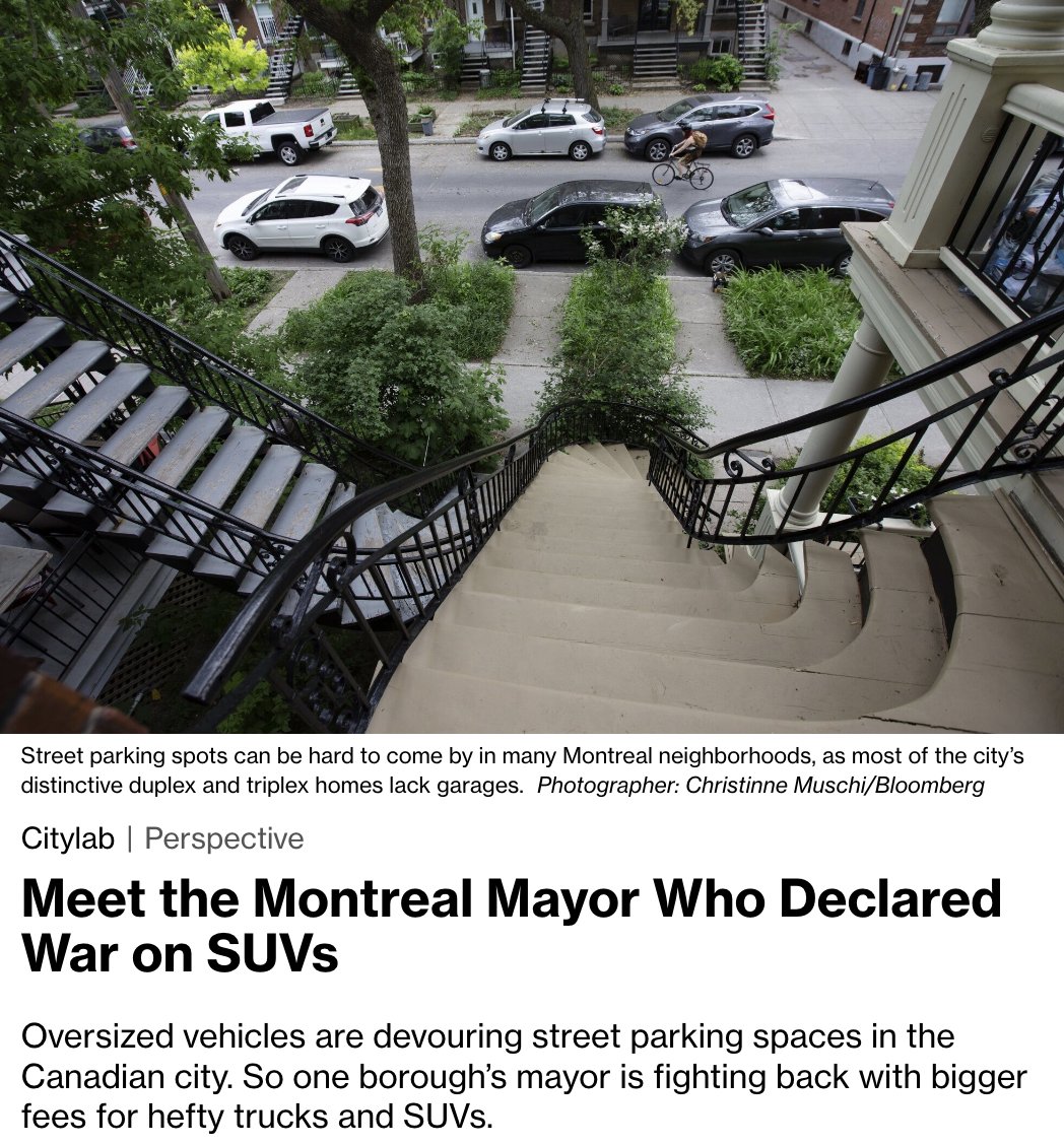 Here’s an idea for better cities: Make owners of big SUVs & pickups pay more for parking permits. That's what's happening in Montreal, the first North American city to try it. In @CityLab, I explored a novel way to fight back against car bloat. 🧵 bloomberg.com/news/features/…