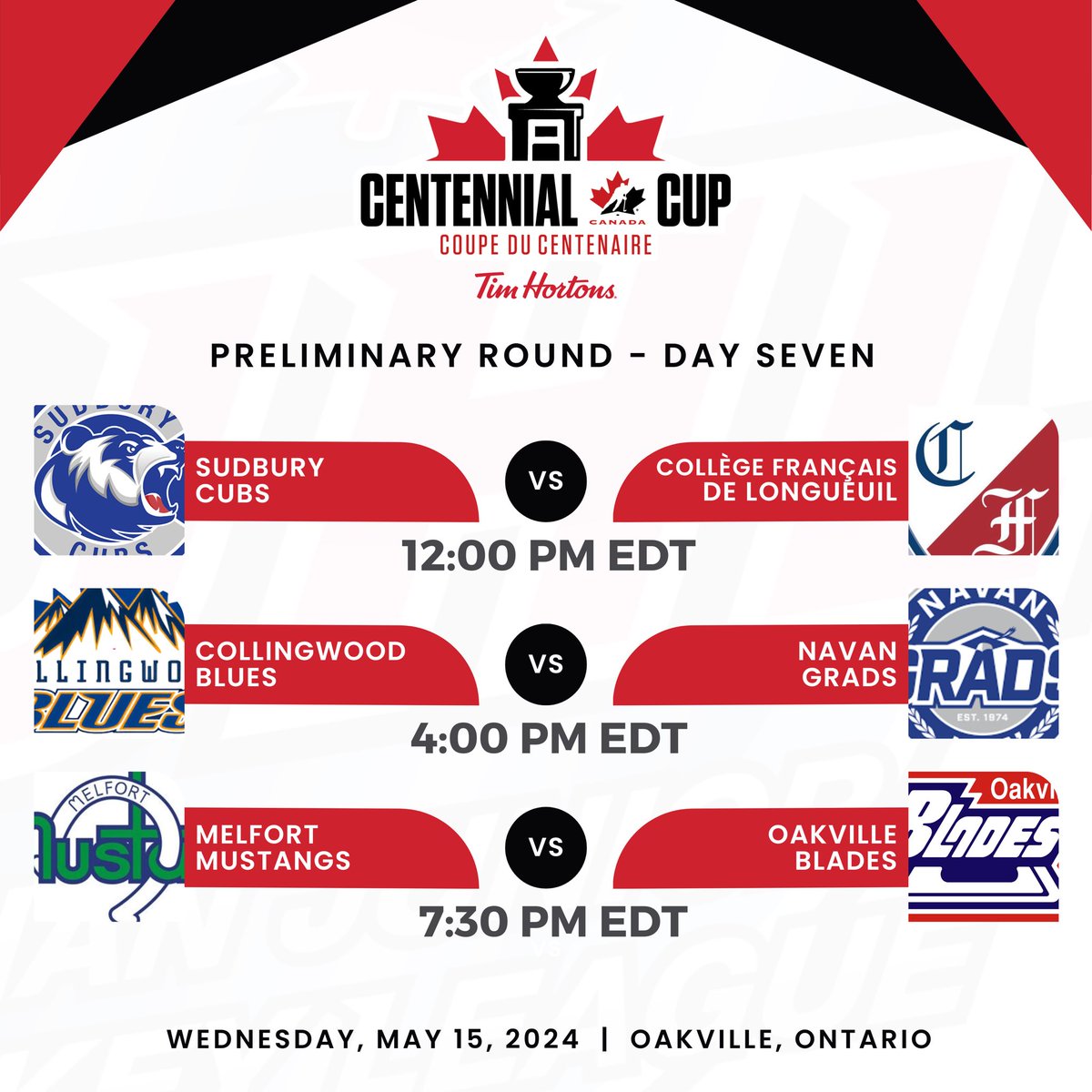 It’s the final day of preliminary round action at the #CentennialCup in Oakville! Some quarterfinal and semi-final positioning to be determined, let’s have a day! 📊 Stats | hockeycanada.ca/en-ca/national… 🖥️ Watch | video.hockeycanada.ca/en/championshi…