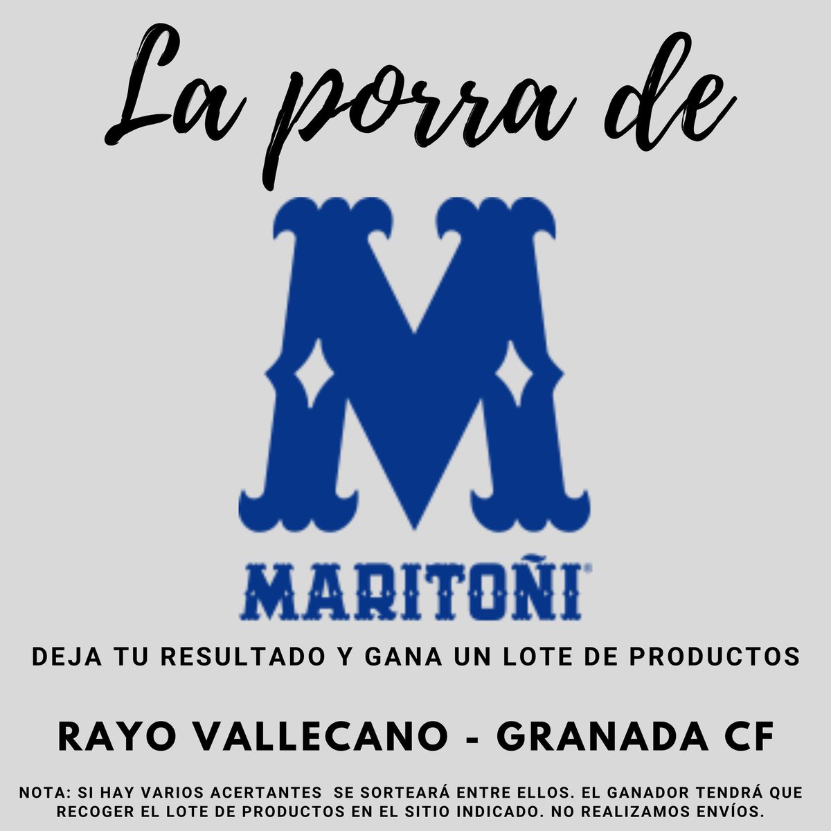 ➡️ Participa en la porra de GranadaEnJuego 

¡Acierta el resultado del @RayoVallecano 🆚️ @GranadaCF en nuestras redes sociales y llévate un lote de productos @Maritoni_SL!

👇 Condiciones
✅ Seguir nuestro perfil
✅ Retuit o compartir
✅ Dejar sólo un resultado