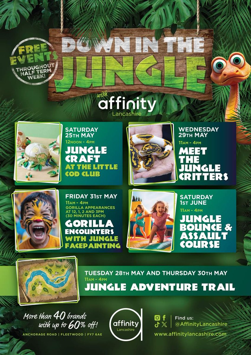 AffinityLancs's tweet photo. We're so excited to share our AMAZING event's line up for May half term! Join us here at Affinity Lancashire in Fleetwood as we go 'Down in the Jungle'!
Find out more on our website: https://t.co/ewQg50vlgC 

#affinitylancashire #outletshopping #fleetwood https://t.co/95ZMmmMLpA