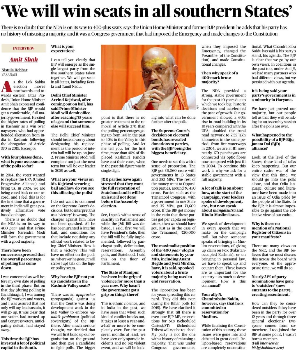 The policies of inclusive development of PM @narendramodi Ji have resonated loud & clear across the nation & @BJP4India will win seats in all Southern states. For an in-depth conversation on this & more with Union Home Minister @AmitShah Ji, read the full interview in…