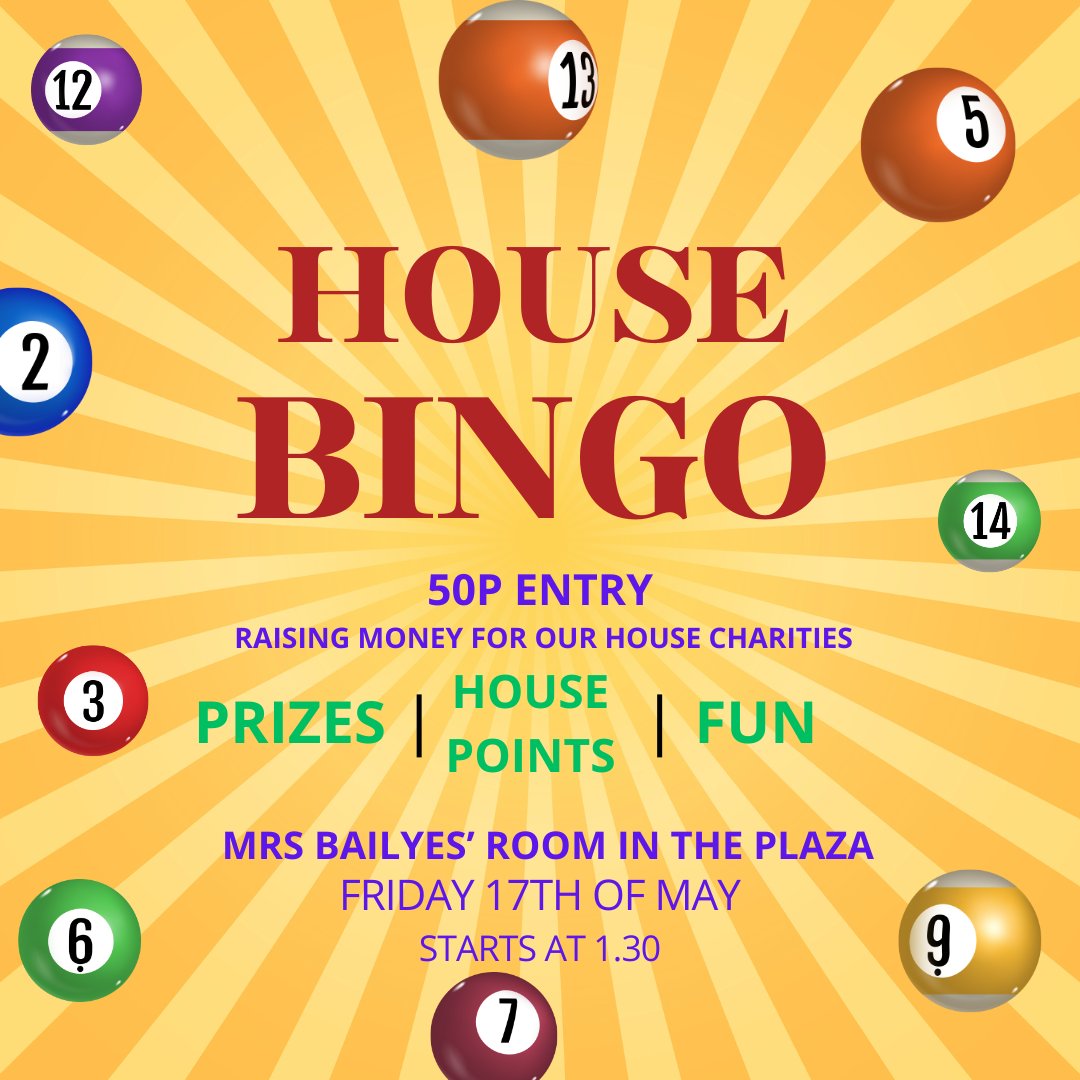 📢 House Bingo 📢 Our next house event is this Friday in Mrs Bailyes' room at lunchtime. 50p to enter and all money raised will go to our house charities! @aberengagement